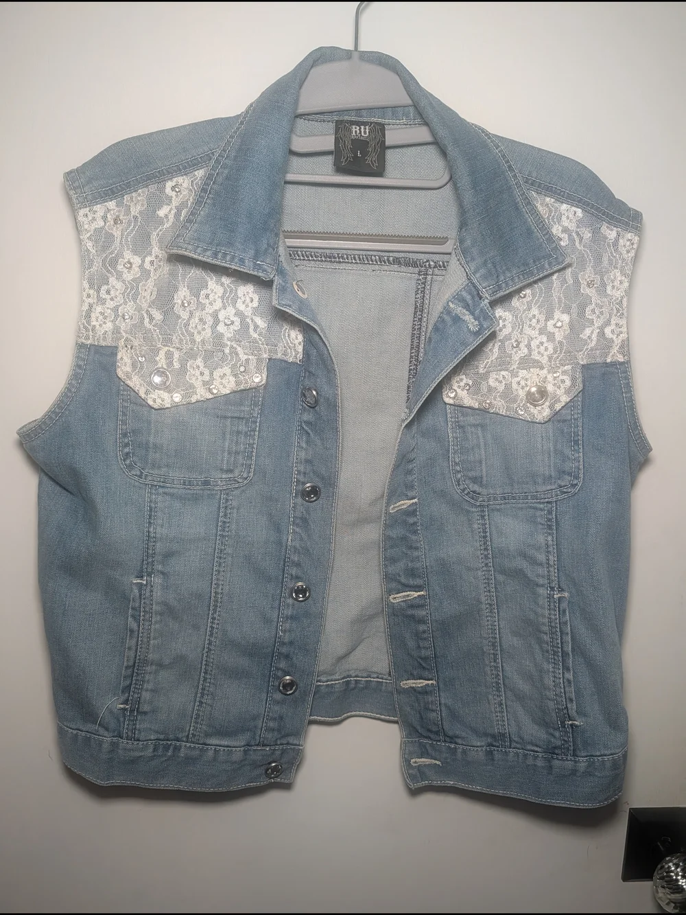 Western Boho Aesthetic Light Wash Denim Vest with White Lace Accents - Picture 2 of 8